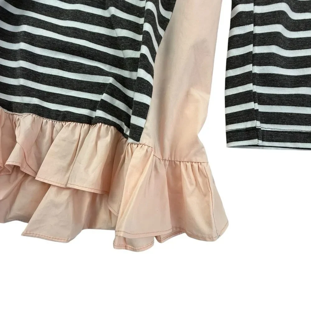 NEW Hayden Long Sleeve Striped Top Women Large Black Pink Ruffles Tunic